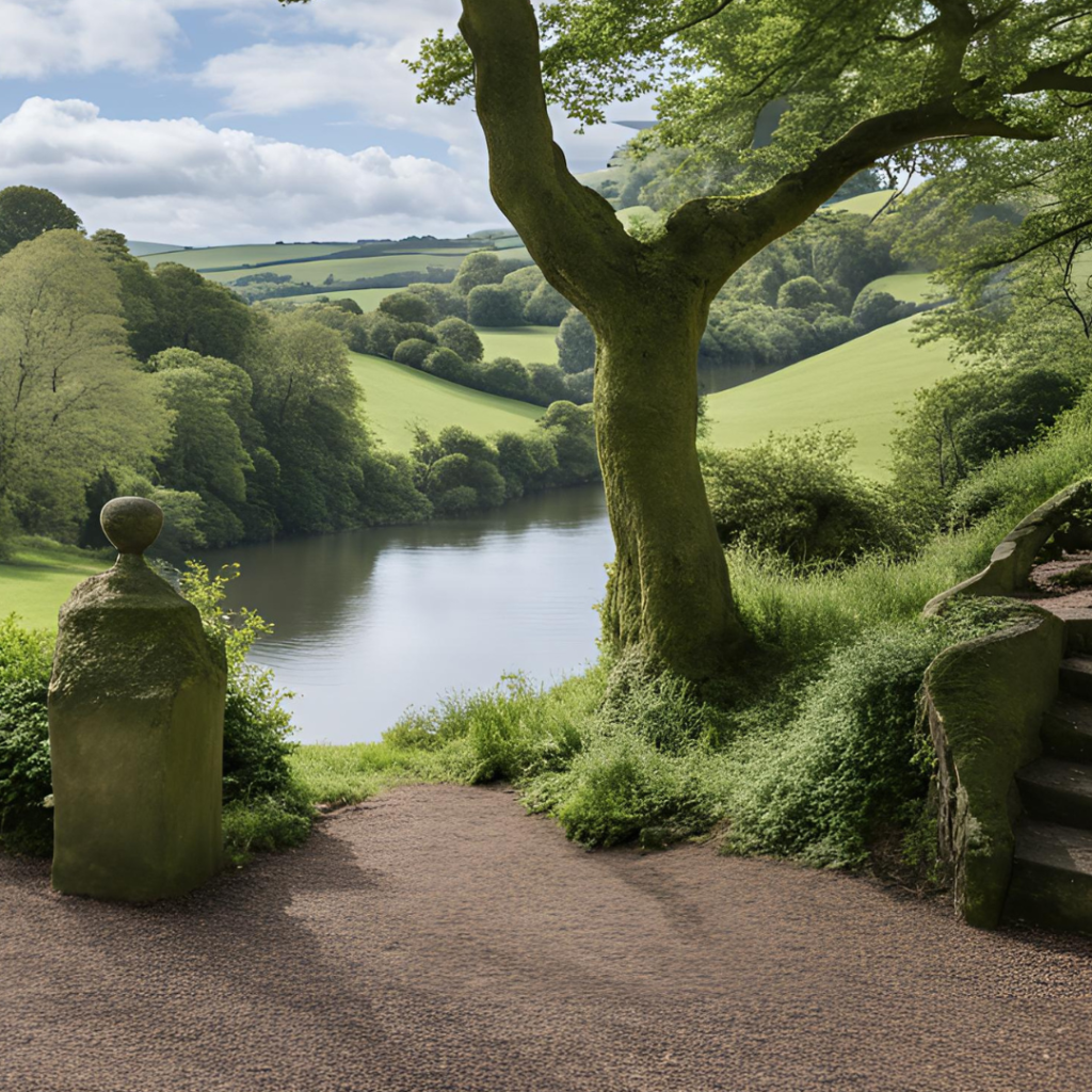 tranquil countryside with with trees and water and greenery